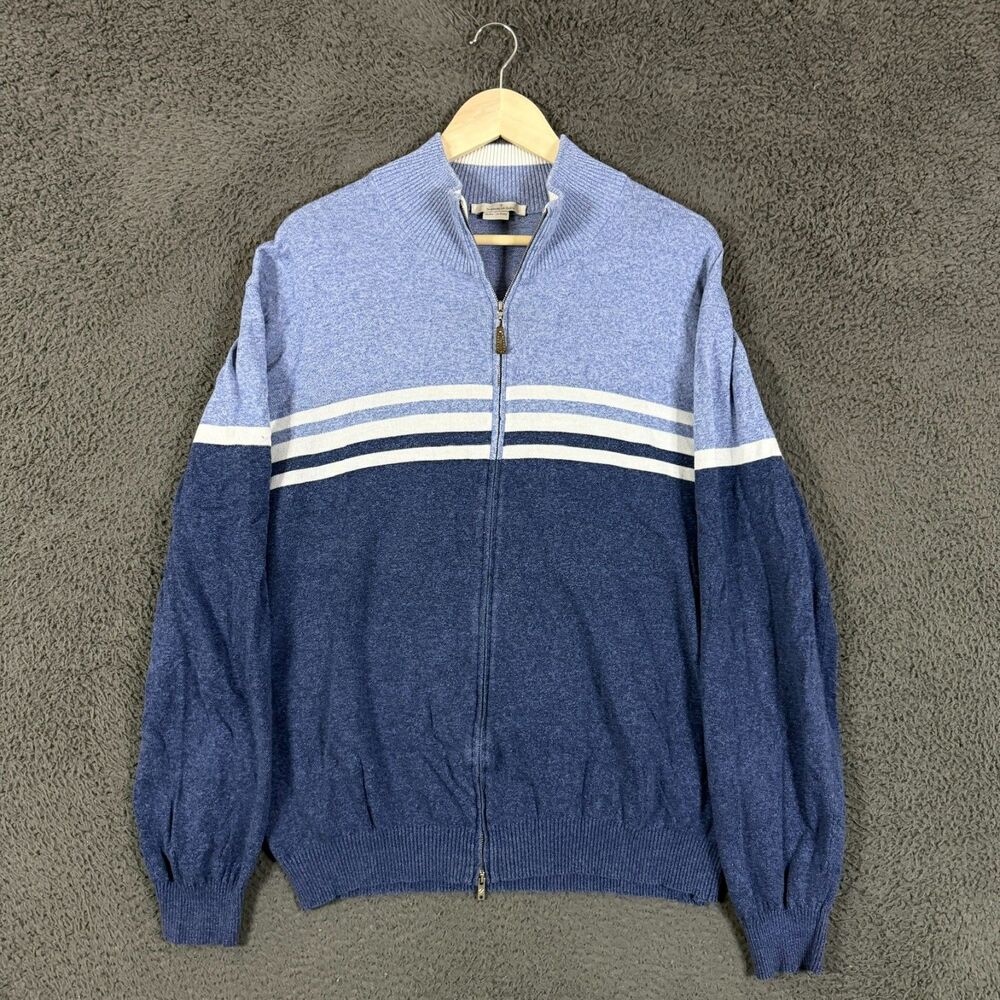 Ermenegildo Zegna Sweater Mens 2XL Blue Striped Full Zip Sweater Made in Italy